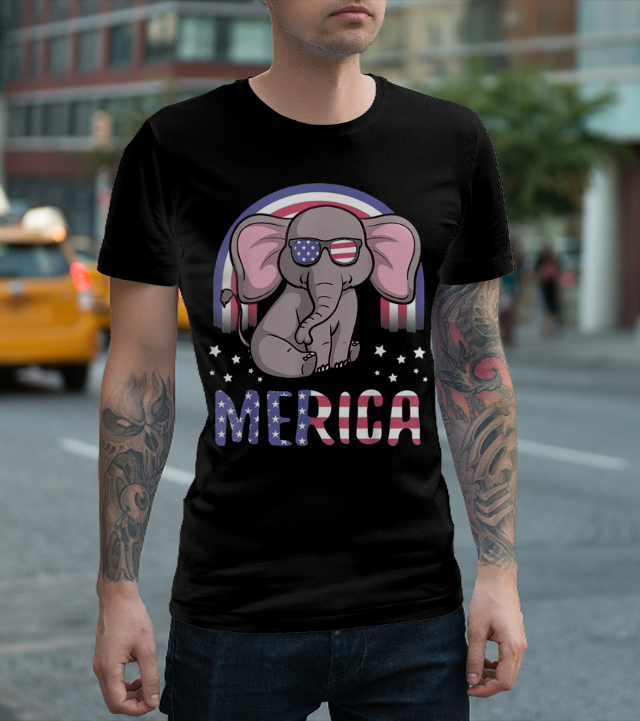 Merica Elephant with American Flag Sunglasses and Stars USA Patriotic T-Shirt