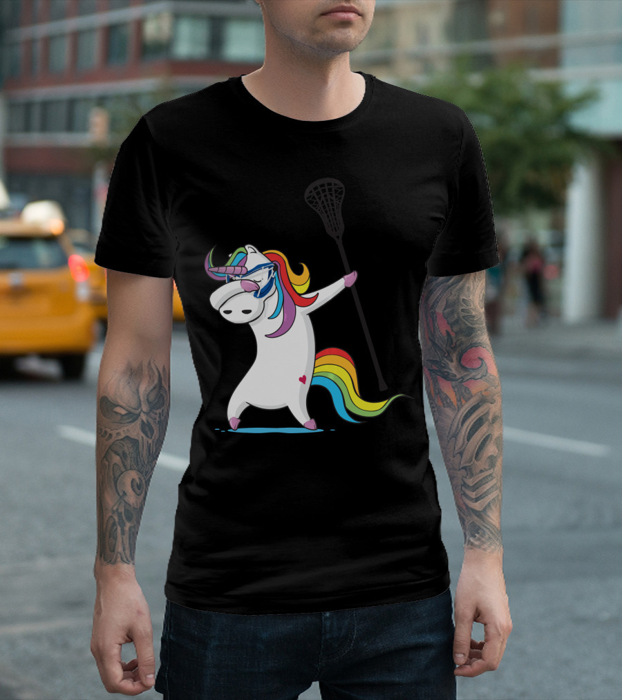 Dabbing Unicorn With Lacrosse Stick Rainbow Mane Girls Funny T-Shirt