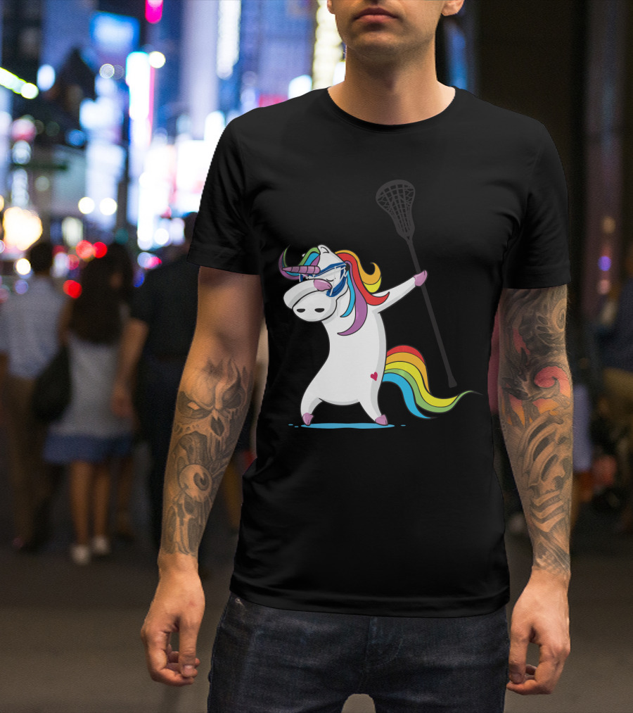 Dabbing Unicorn With Lacrosse Stick Rainbow Mane Girls Funny T-Shirt