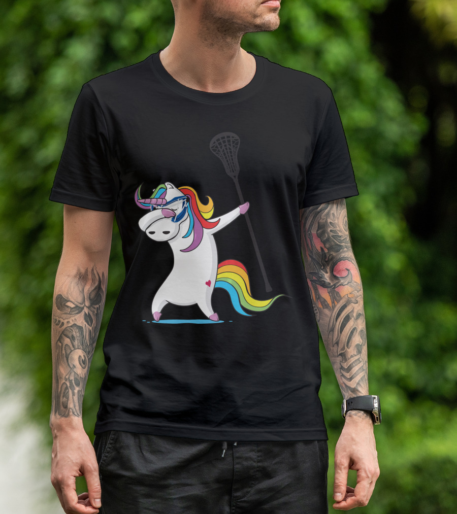Dabbing Unicorn With Lacrosse Stick Rainbow Mane Girls Funny T-Shirt