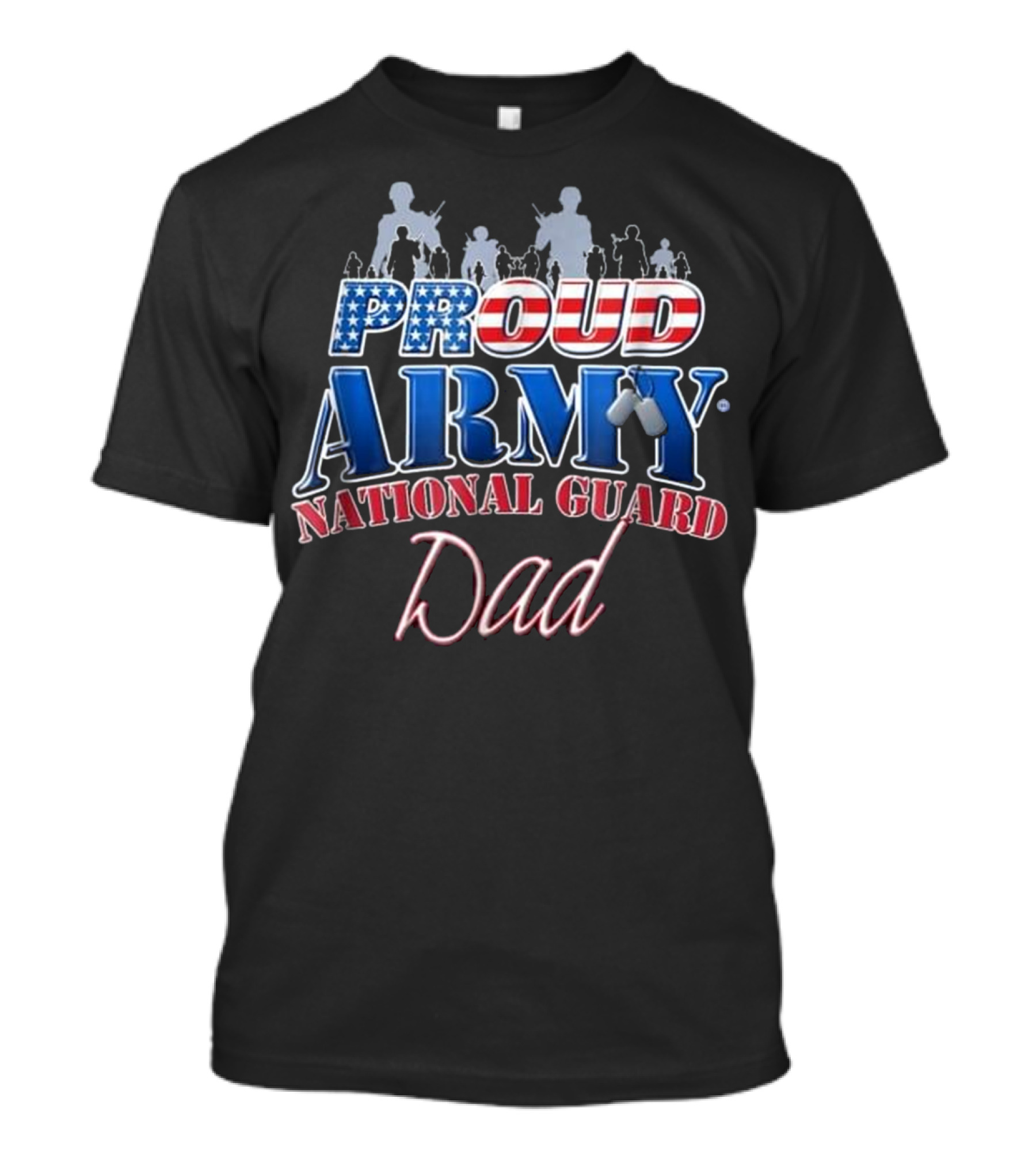 Proud Army National Guard Dad With US Flag Dog Tag Silhouette Background T-Shirt