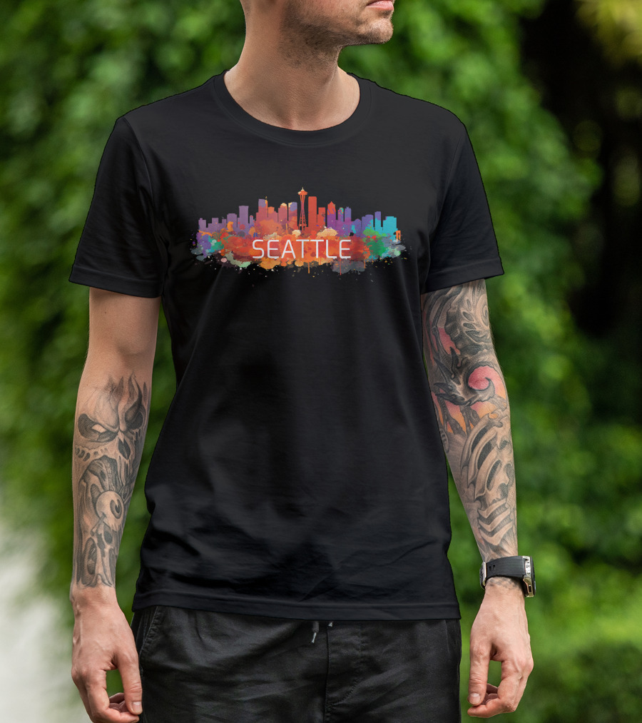 Seattle Washington State Colorful Skyline With Space Needle T-Shirt