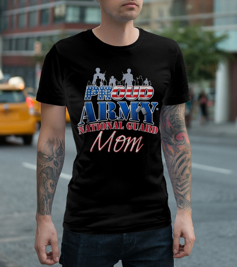 Proud Army National Guard Mom with American Flag Dog Tags and Soldier T-Shirt