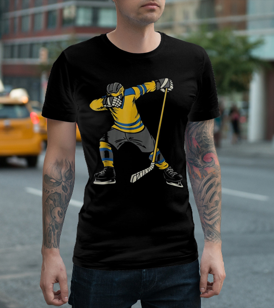 Dabbing Hockey Player in Blue and Yellow Stripes for Kids and Men T-Shirt