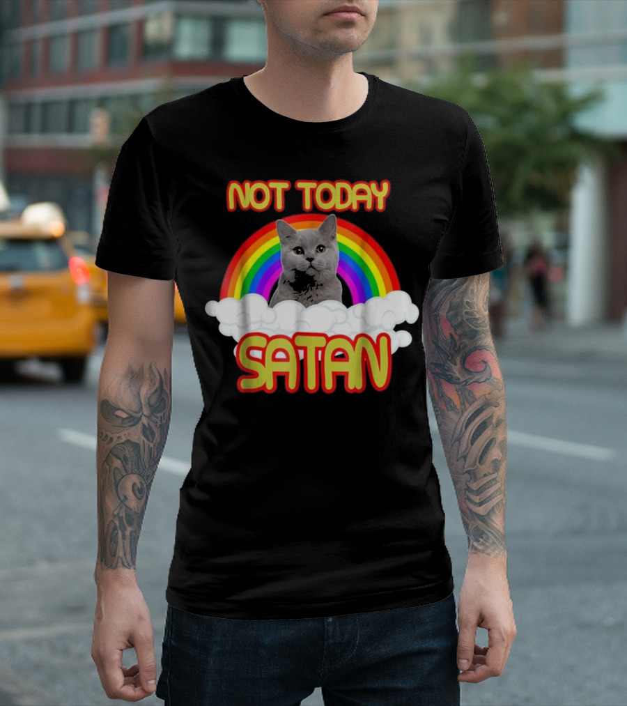 Not Today Satan Rainbow Cat With Clouds And Bright Colors T-Shirt