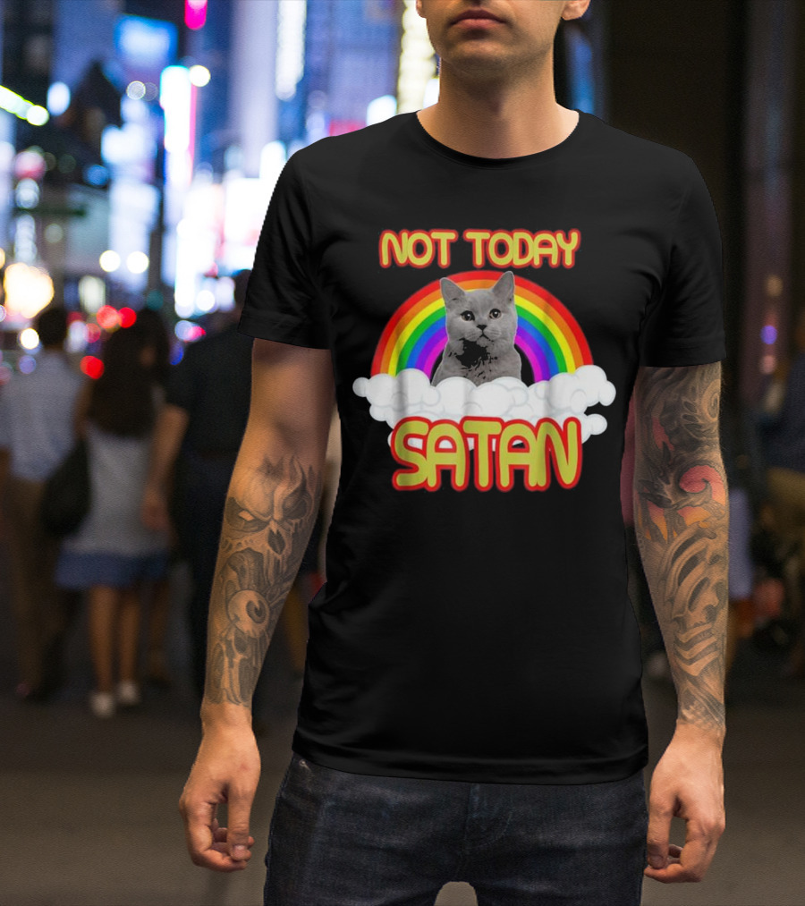 Not Today Satan Rainbow Cat With Clouds And Bright Colors T-Shirt