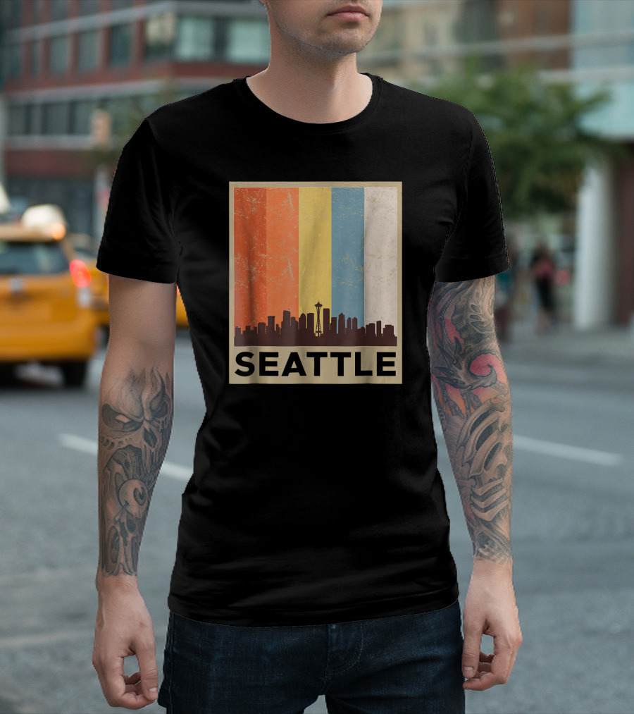 Seattle City Skyline Retro Vint Style Space Needle T-Shirt