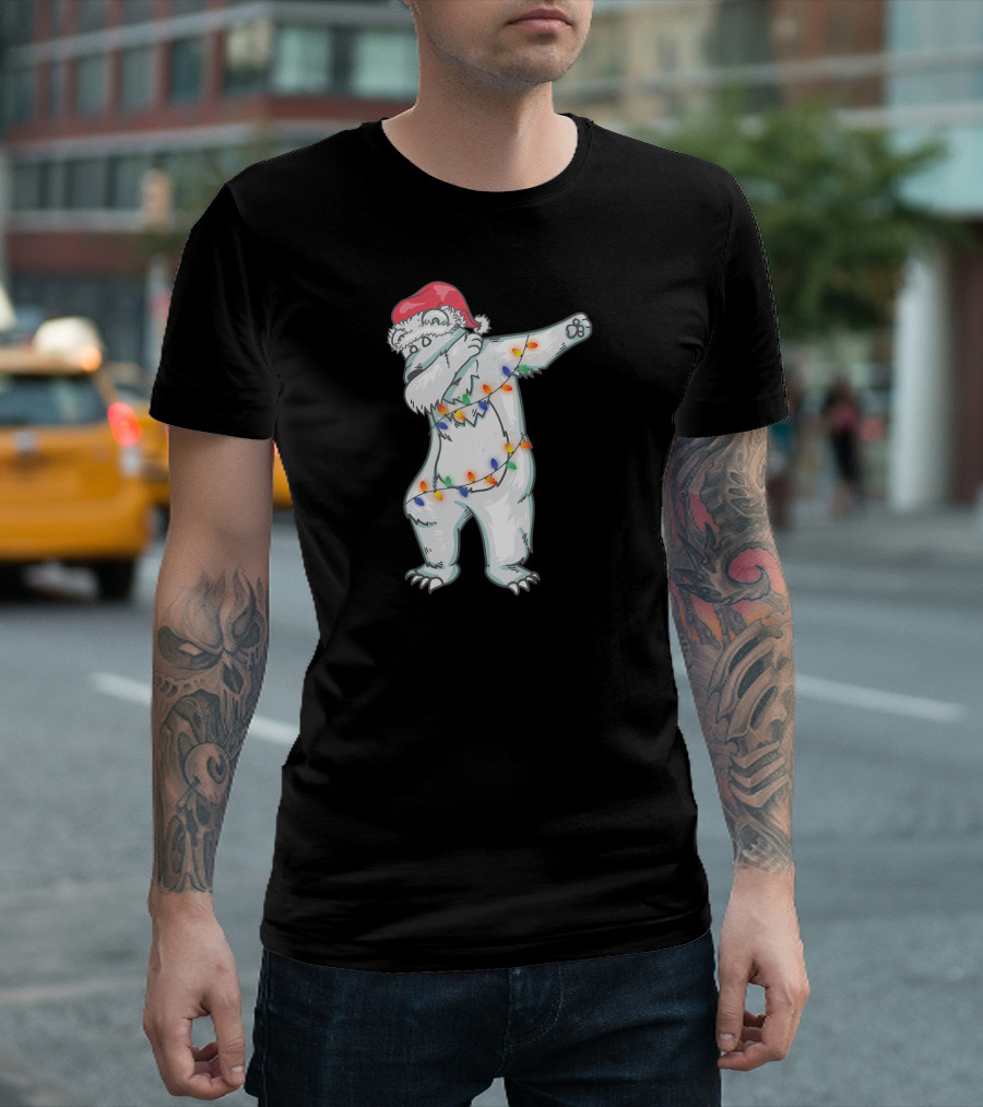 Dabbing Polar Bear Christmas Lights Santa Hat T-Shirt