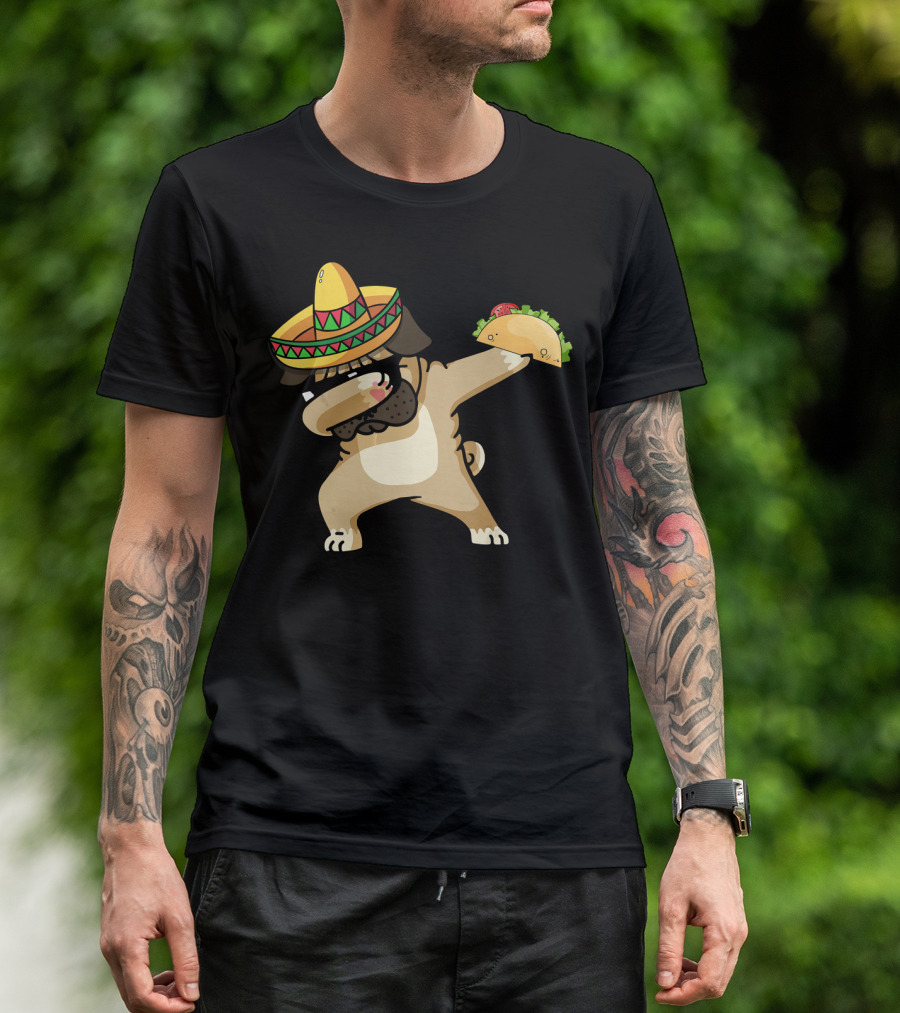 Dabbing Pug In Sombrero With Taco For Cinco De Mayo Mexican T-Shirt