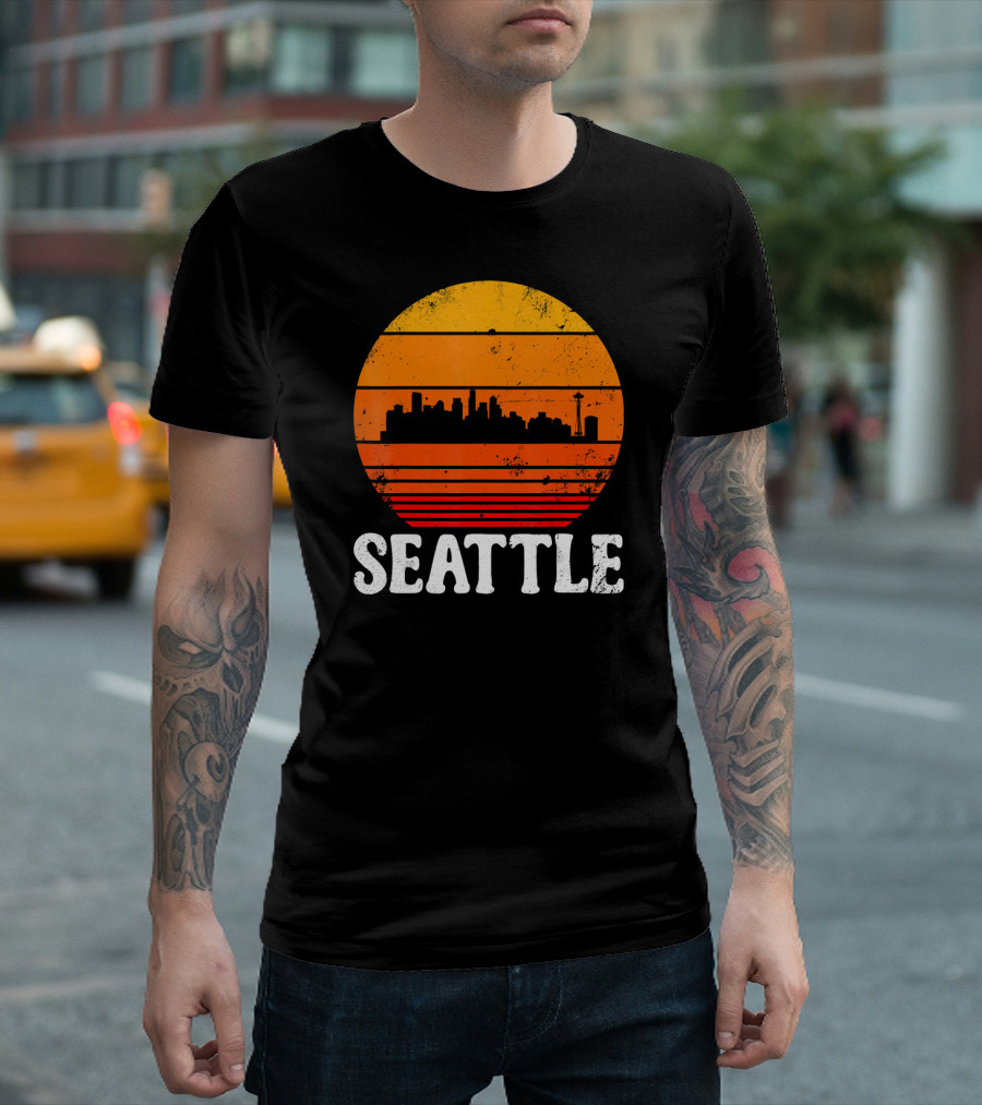 Seattle City Skyline Retro Vintage Sunburst T-Shirt