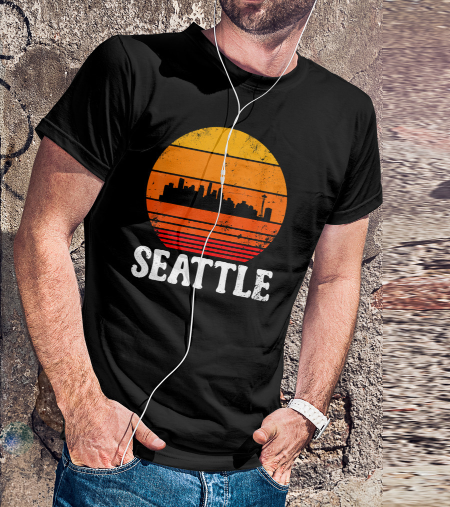 Seattle City Skyline Retro Vintage Sunburst T-Shirt