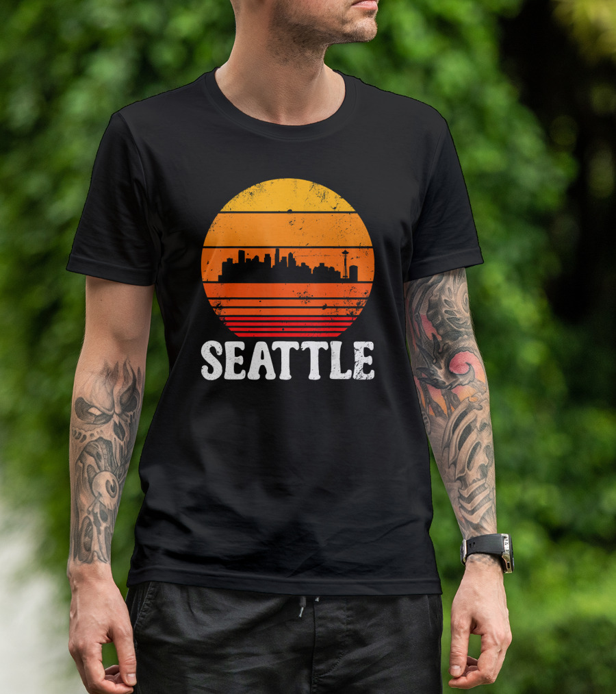 Seattle City Skyline Retro Vintage Sunburst T-Shirt