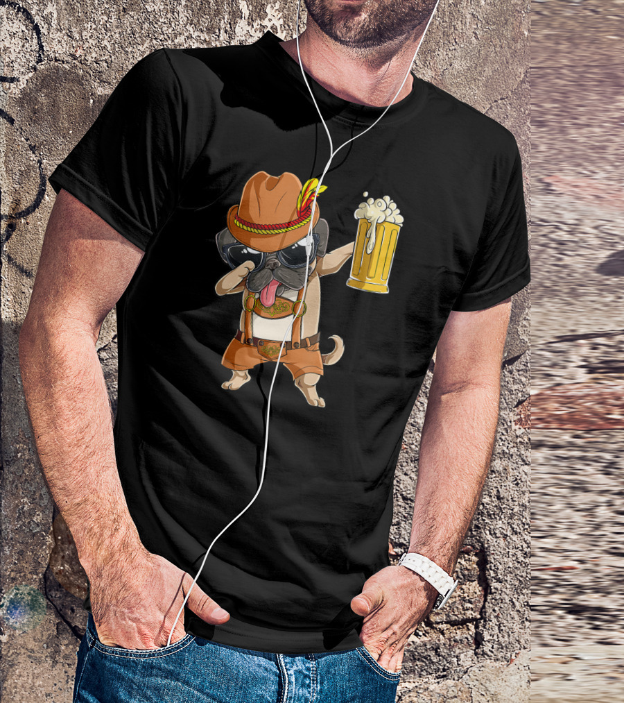 Dabbing Pug Oktoberfest Lederhosen With Beer Mug And Hat T-Shirt