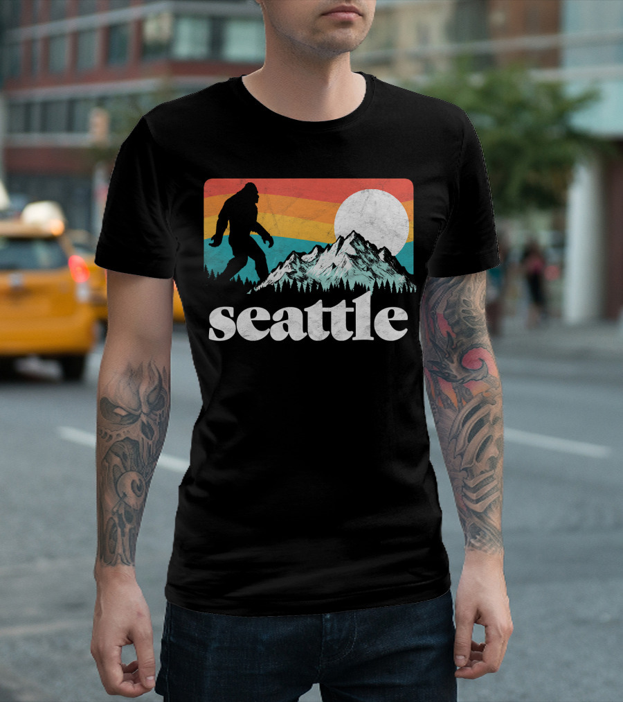 Seattle Retro Bigfoot Mountains Sunset T-Shirt