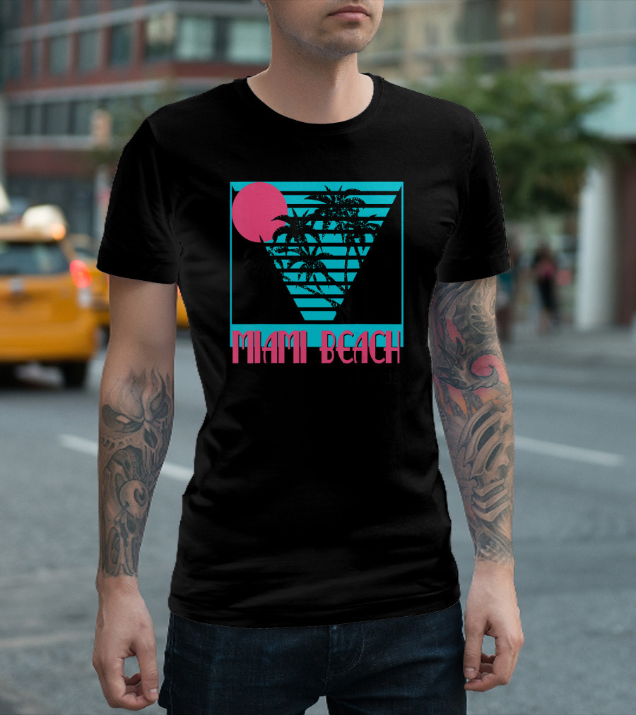 Miami Beach Florida Retro Palm Trees Sunset Stripes T-Shirt