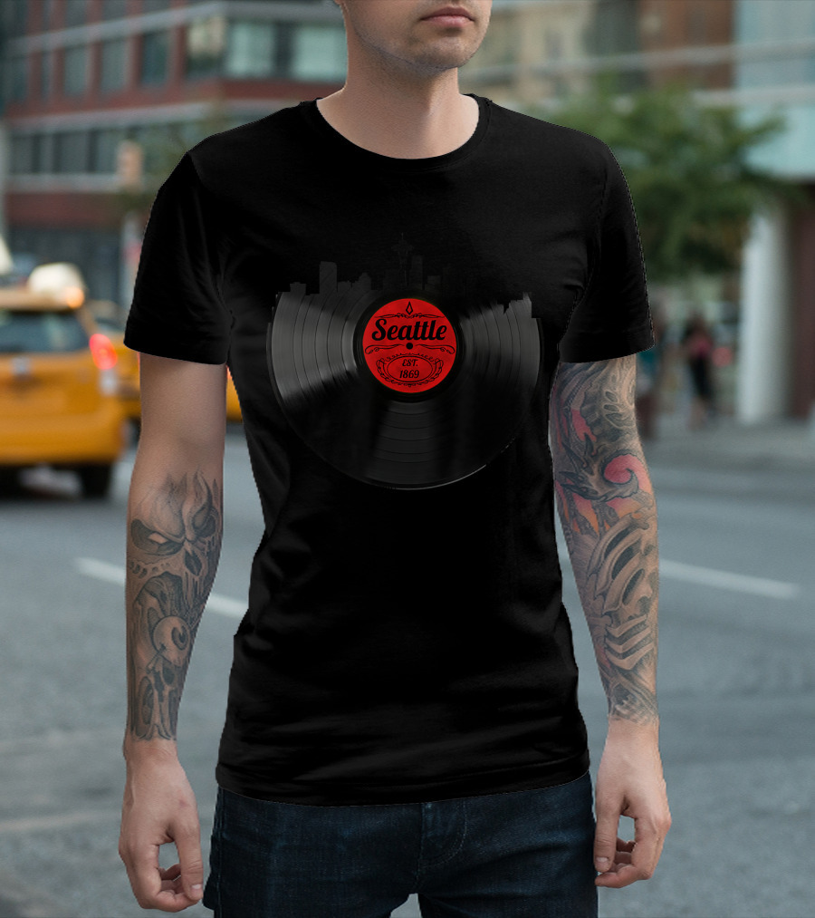 Seattle Washington Skyline Record Vintage Vinyl Est. 1869 T-Shirt