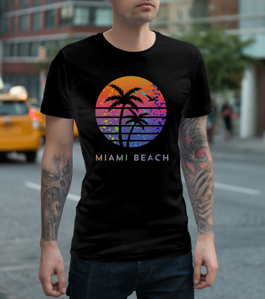 Miami Beach Vibrant Palm Tree Splatter Circle T-Shirt