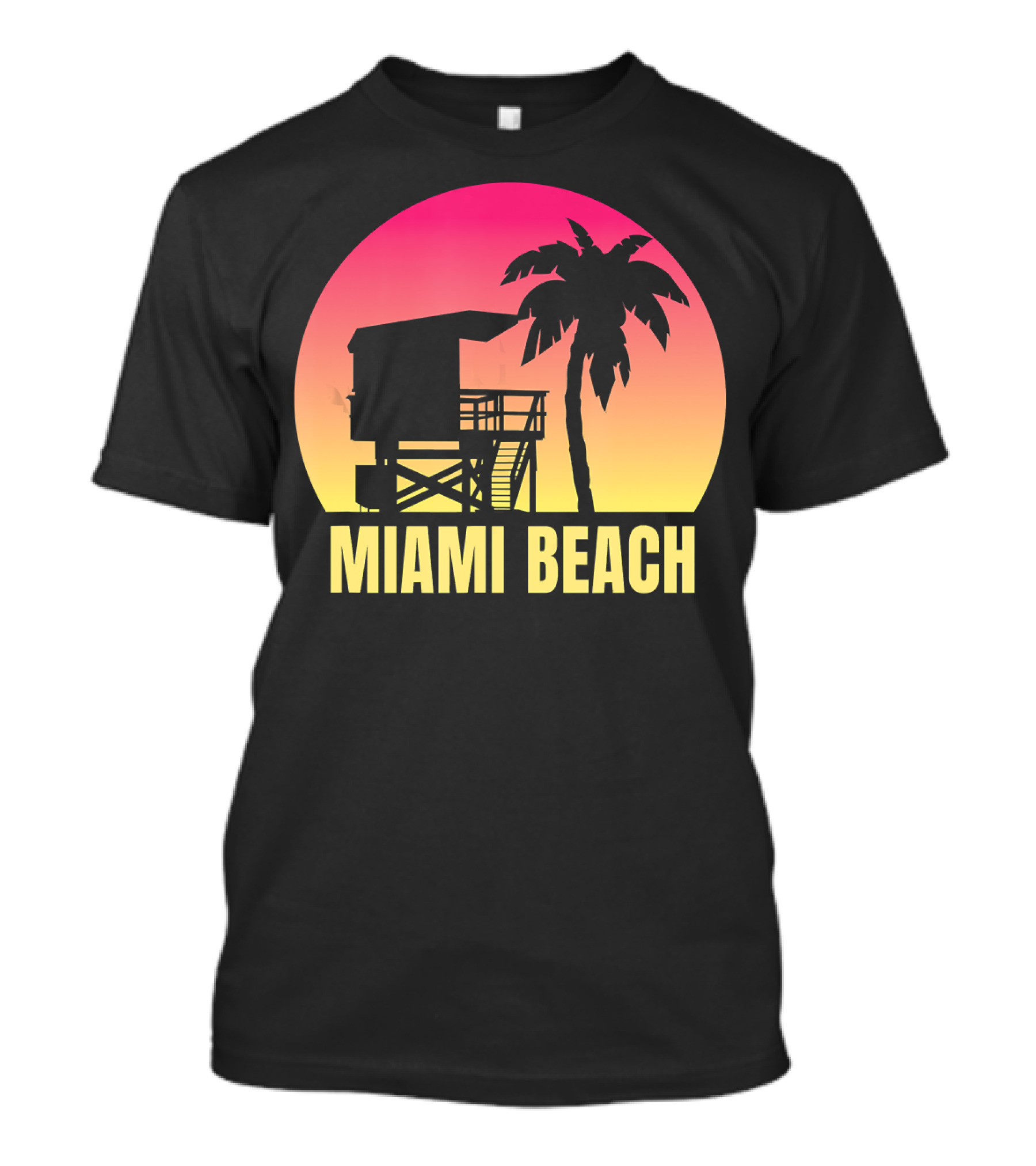 Miami Beach Florida Vacation Souvenir Sunset Palm Tree Lifeguard Tower T-Shirt