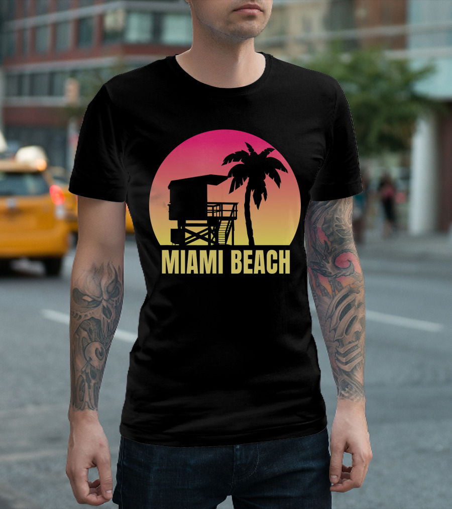 Miami Beach Florida Vacation Souvenir Sunset Palm Tree Lifeguard Tower T-Shirt