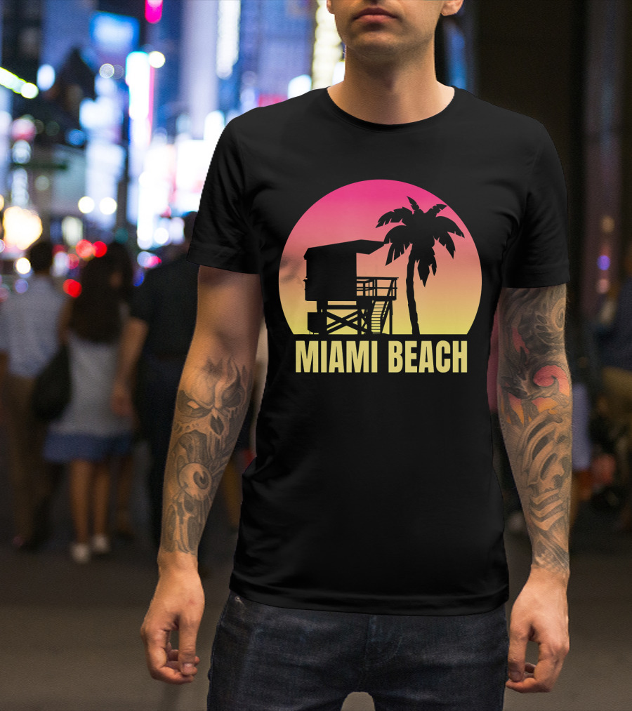 Miami Beach Florida Vacation Souvenir Sunset Palm Tree Lifeguard Tower T-Shirt
