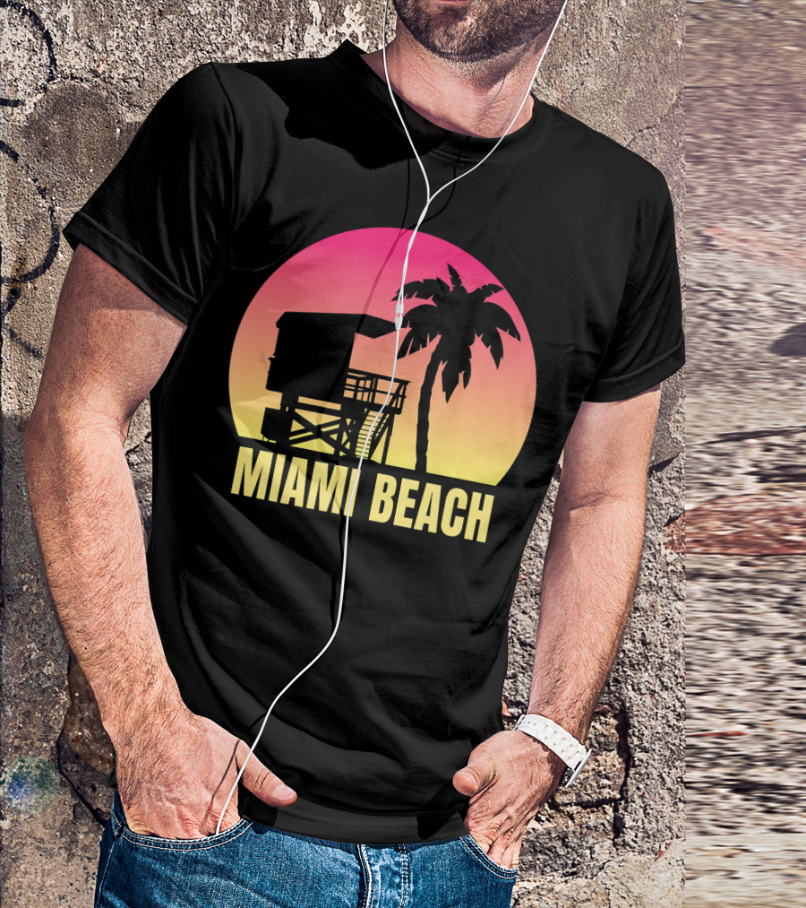 Miami Beach Florida Vacation Souvenir Sunset Palm Tree Lifeguard Tower T-Shirt