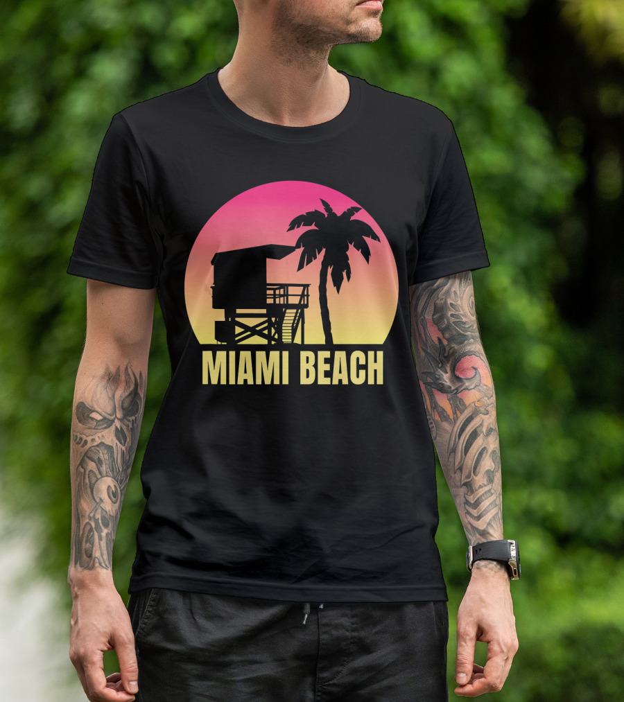 Miami Beach Florida Vacation Souvenir Sunset Palm Tree Lifeguard Tower T-Shirt