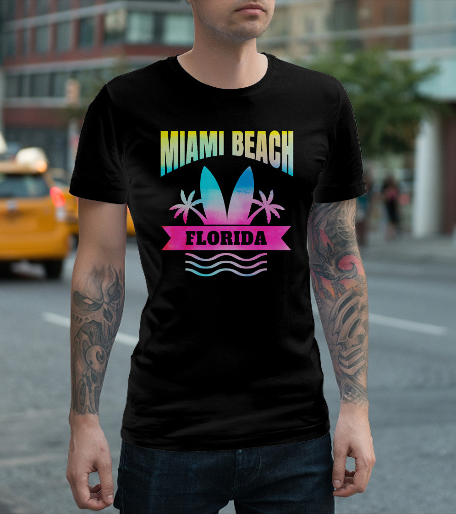 Miami Beach Florida Souvenir Palm Trees Wave T-Shirt