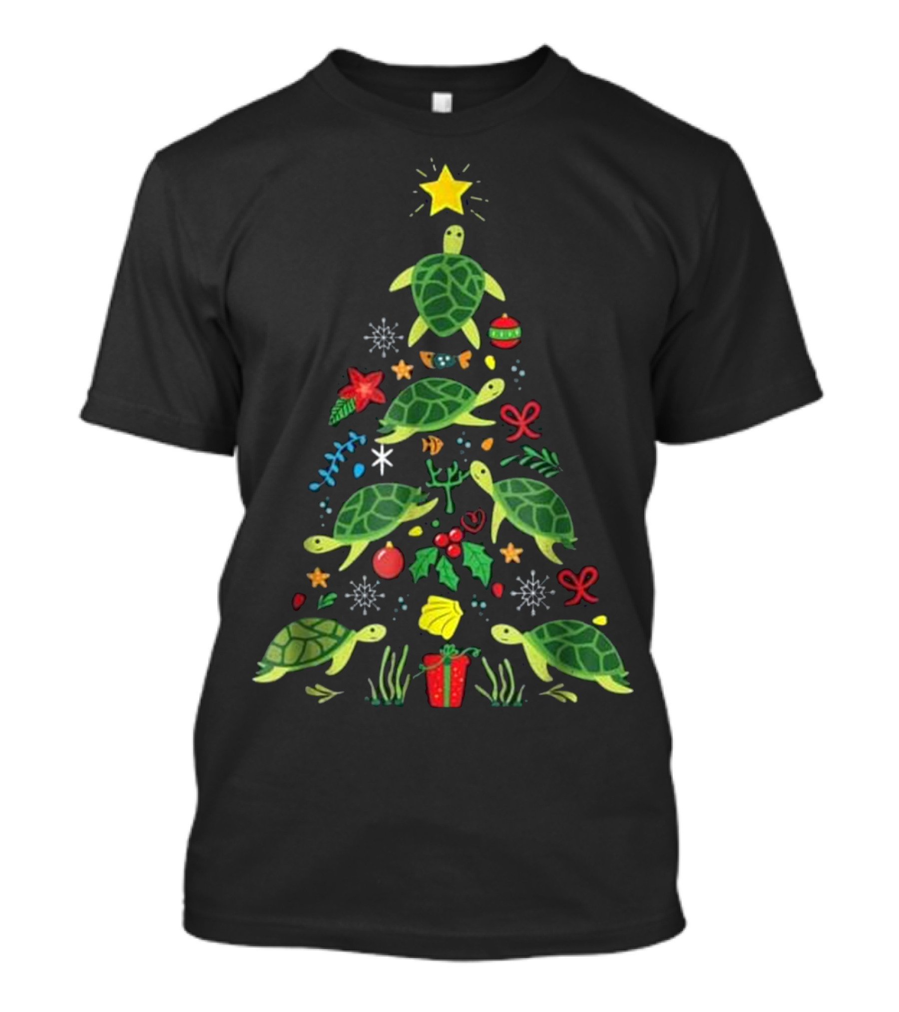 Funny Sea Turtle Christmas Tree With Gifts And Ornaments T-Shirt
