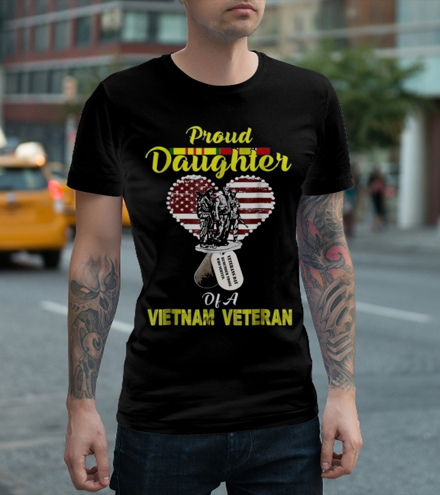 Proud Daughter Of A Vietnam Veteran Soldiers American Flag Heart Dog Tags T-Shirt