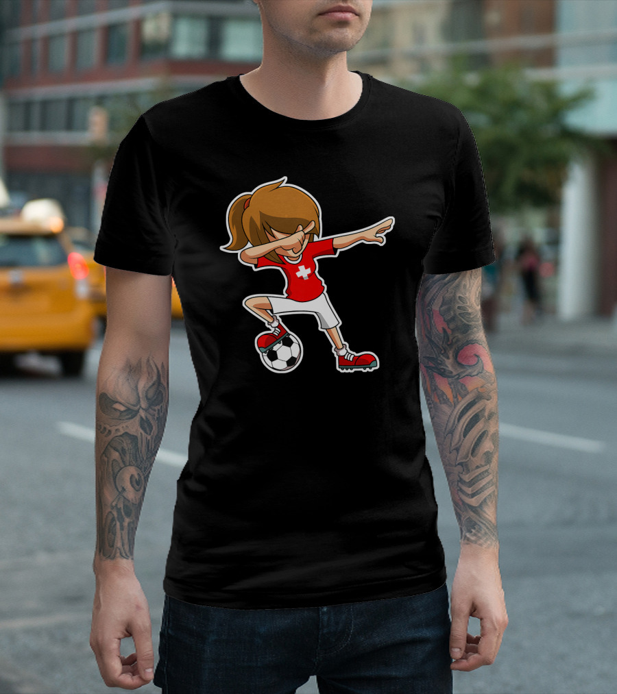 Dabbing Soccer Girl Red Switzerland Jersey Football Player T-Shirt