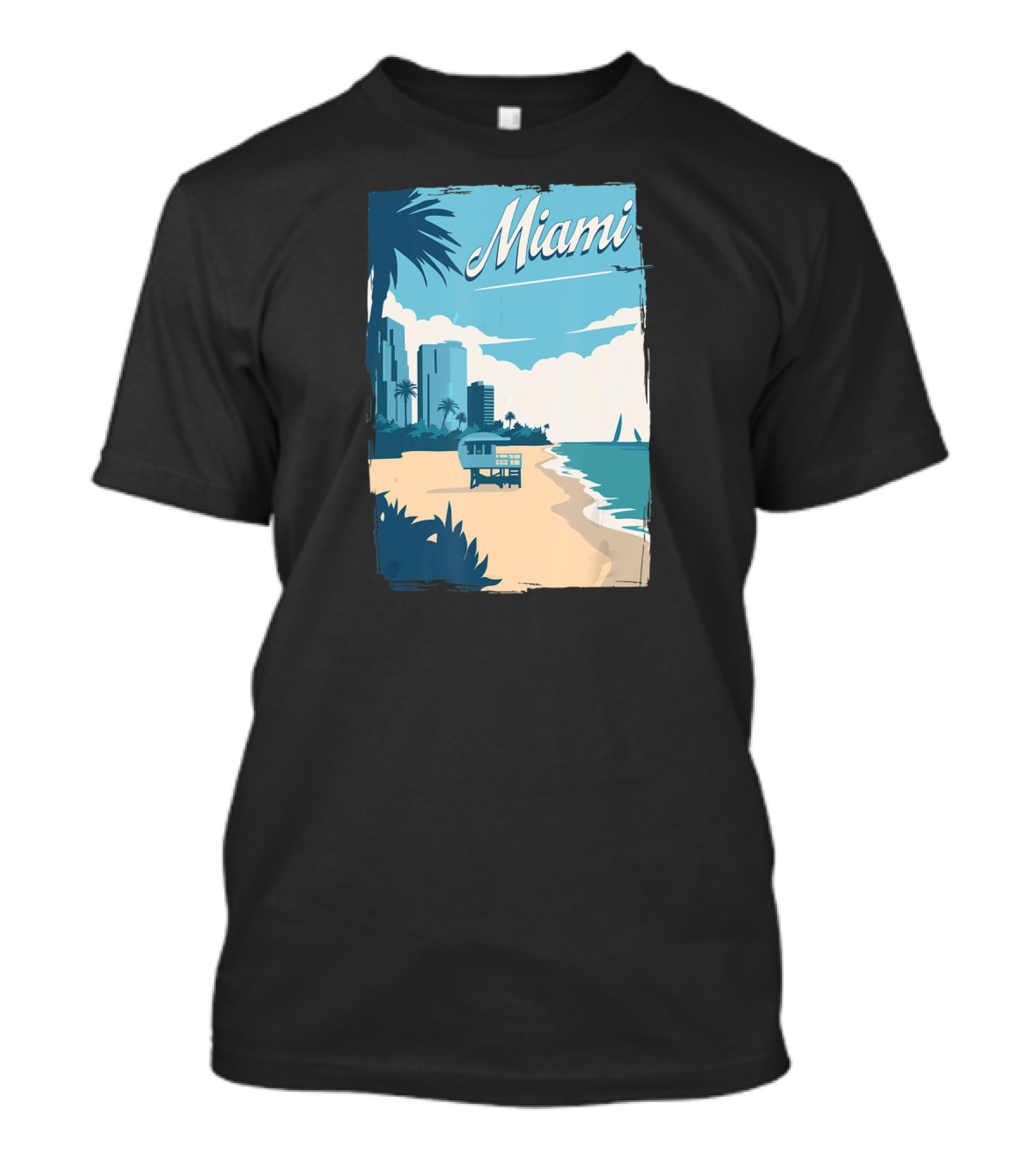Miami Florida Vintage Travel Beach Scene With Palm Trees And Cityscape T-Shirt