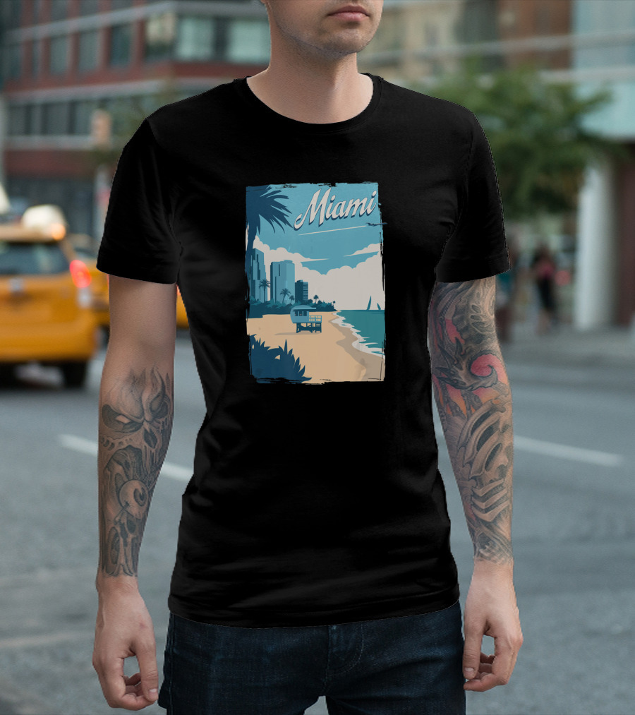 Miami Florida Vintage Travel Beach Scene With Palm Trees And Cityscape T-Shirt