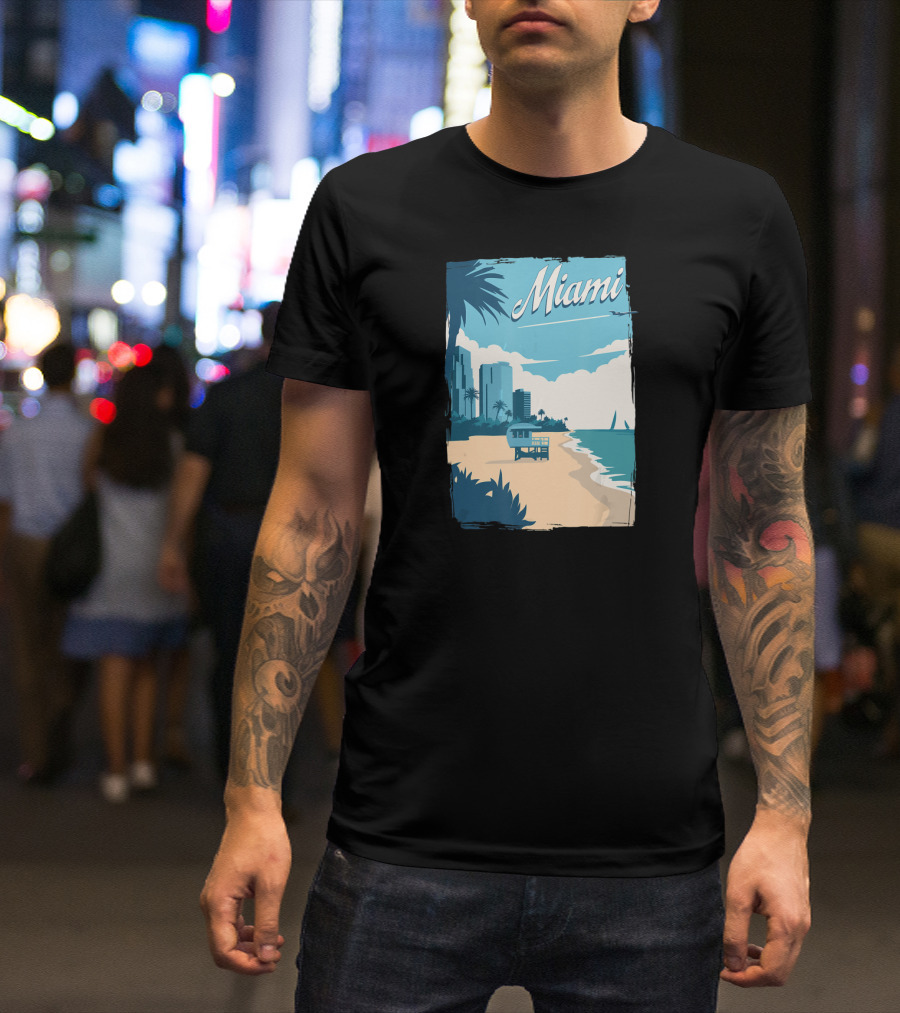 Miami Florida Vintage Travel Beach Scene With Palm Trees And Cityscape T-Shirt