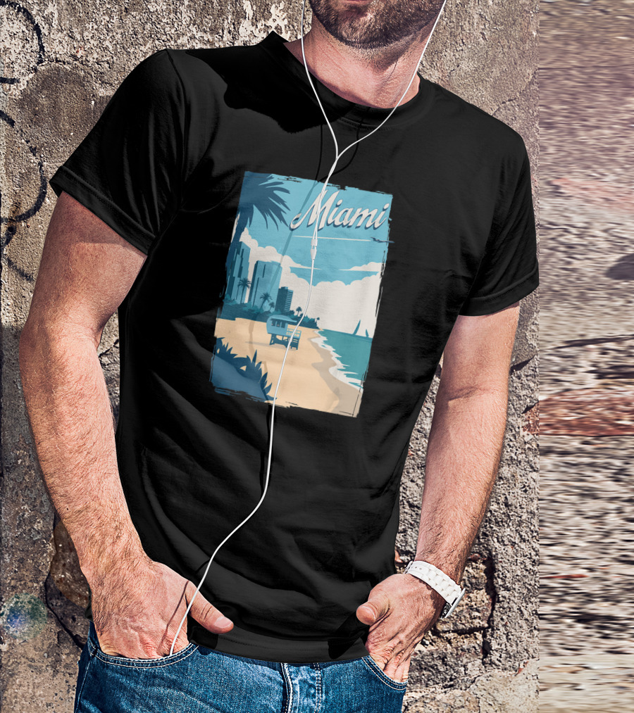 Miami Florida Vintage Travel Beach Scene With Palm Trees And Cityscape T-Shirt