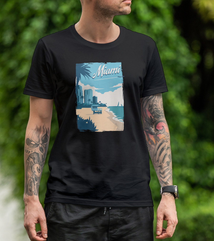 Miami Florida Vintage Travel Beach Scene With Palm Trees And Cityscape T-Shirt