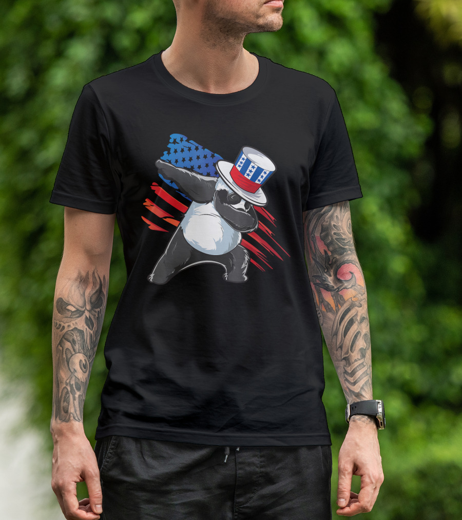 Panda Dabbing In Uncle Sam Hat With American Flag Background T-Shirt