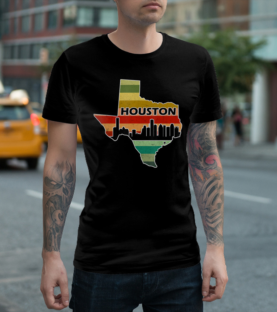 Houston Texas Skyline Vintage Sunset Stripes T-Shirt