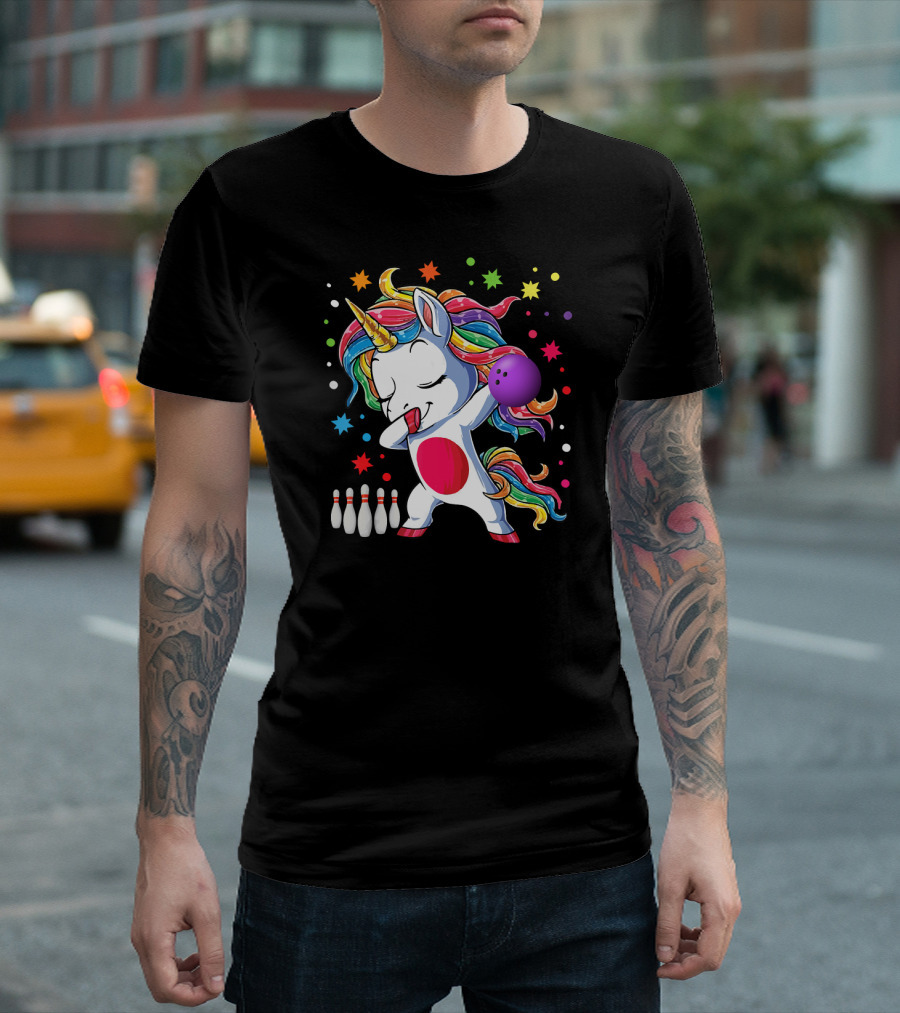 Dabbing Unicorn Bowling with Rainbow Mane and Bowling Pins T-Shirt