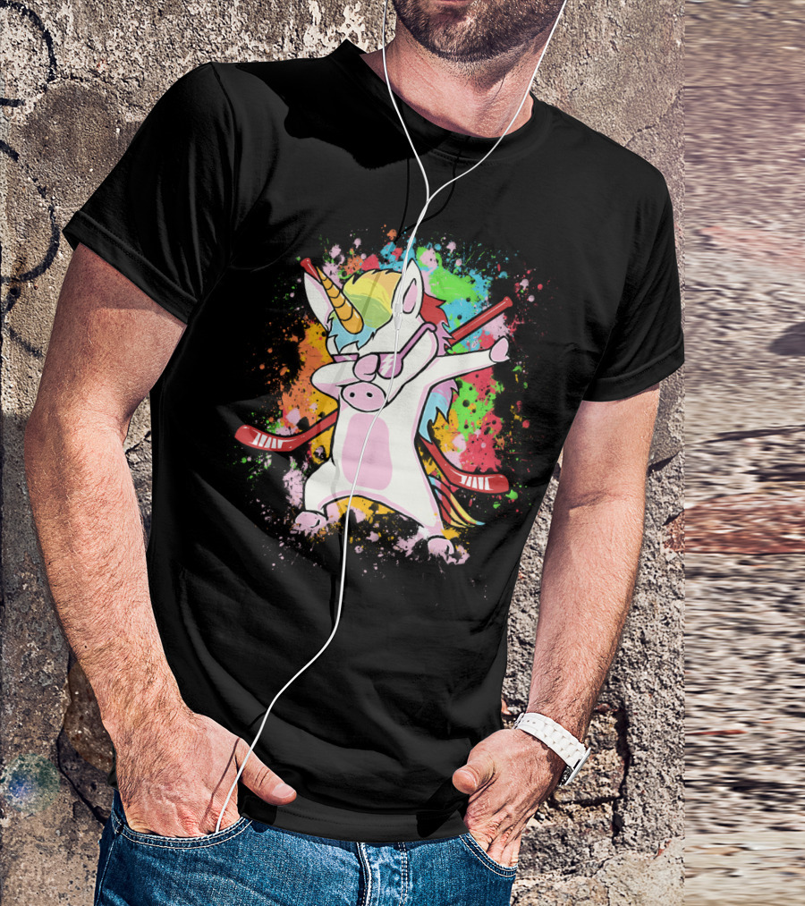 Colorful Dabbing Unicorn With Hockey Sticks T-Shirt