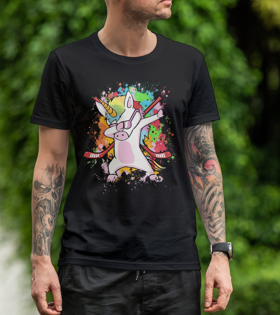 Colorful Dabbing Unicorn With Hockey Sticks T-Shirt