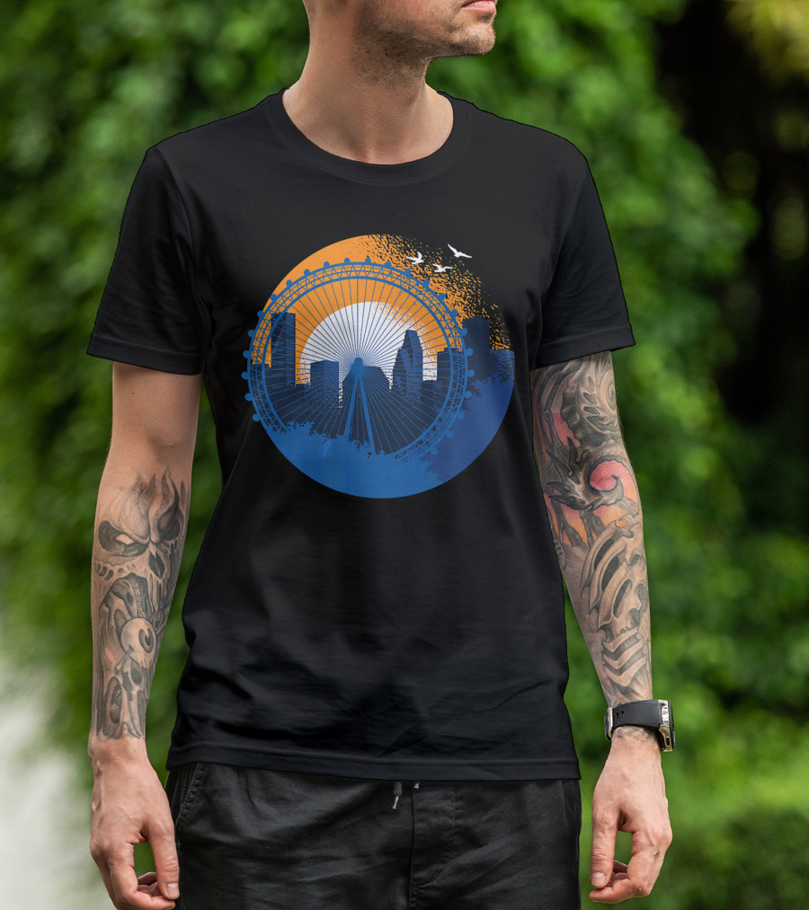 Houston Downtown Skyline Ferris Wheel Birds T-Shirt