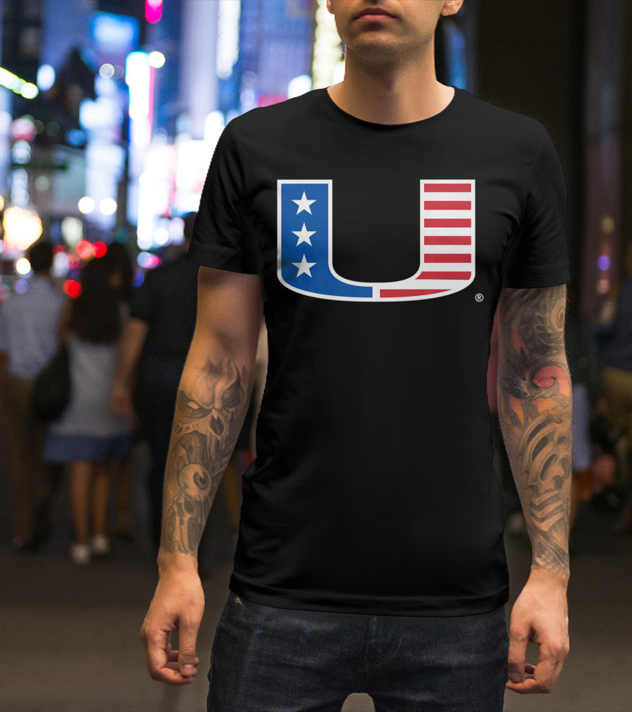 Miami Hurricanes U Logo With American Flag Colors T-Shirt