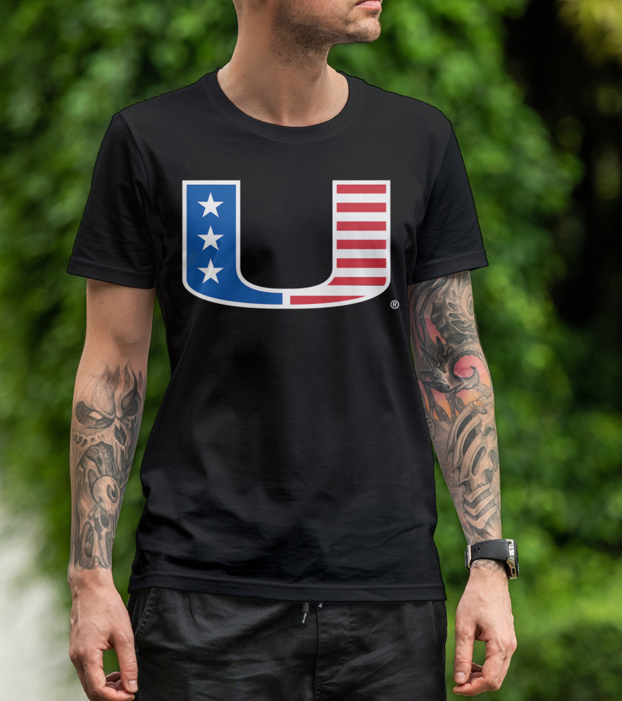 Miami Hurricanes U Logo With American Flag Colors T-Shirt