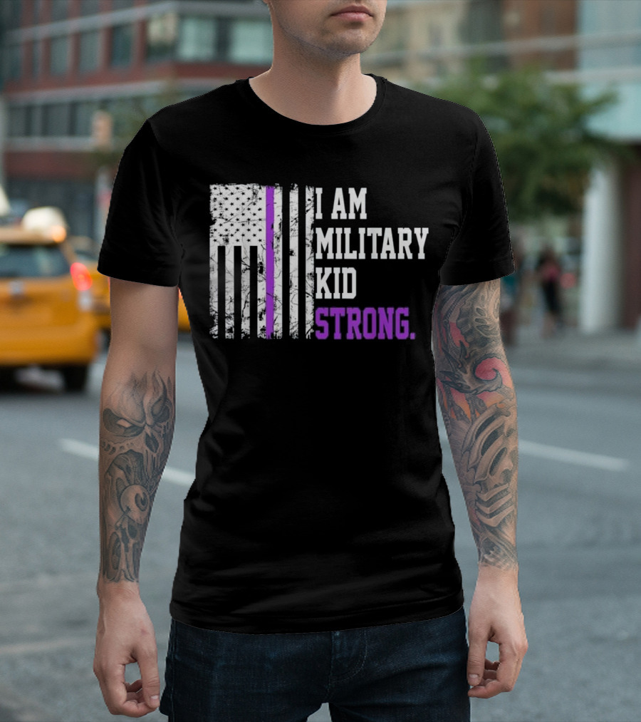 I Am Military Kid Strong American Flag With Purple Line T-Shirt