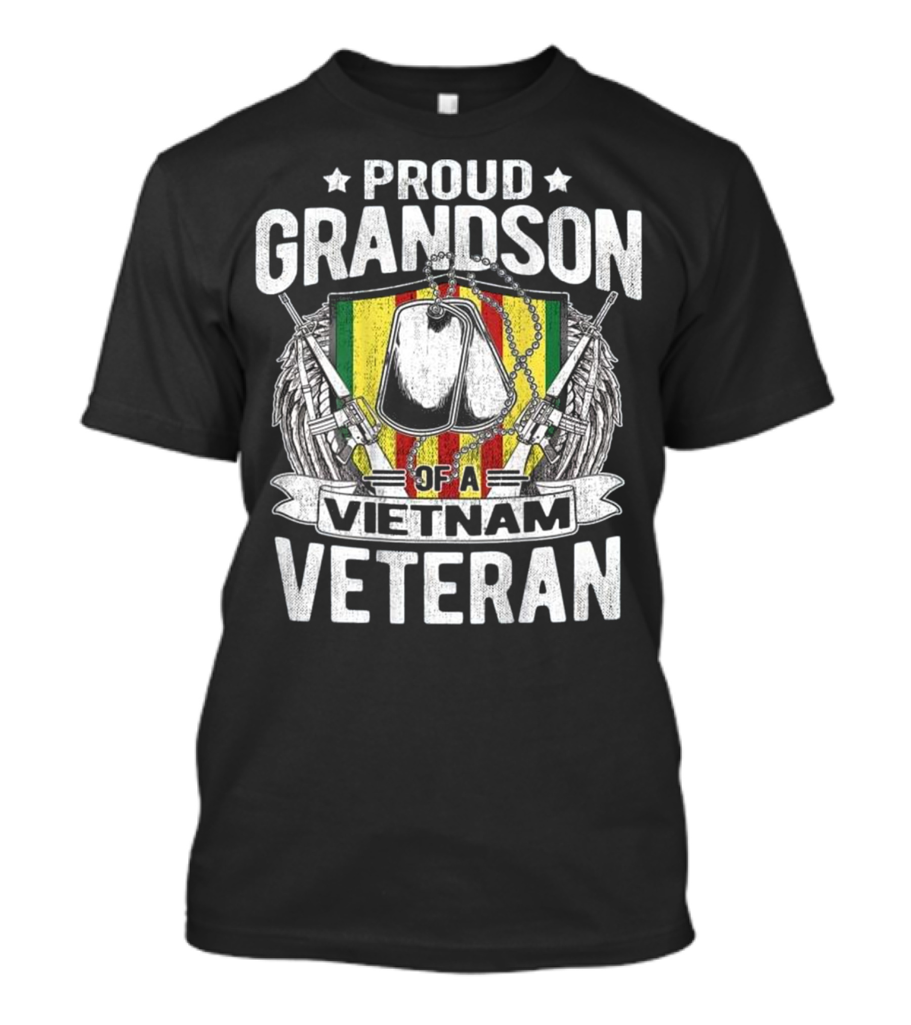 Proud Grandson Of A Vietnam Veteran With Dog Tags And Rifles On Striped Shield T-Shirt