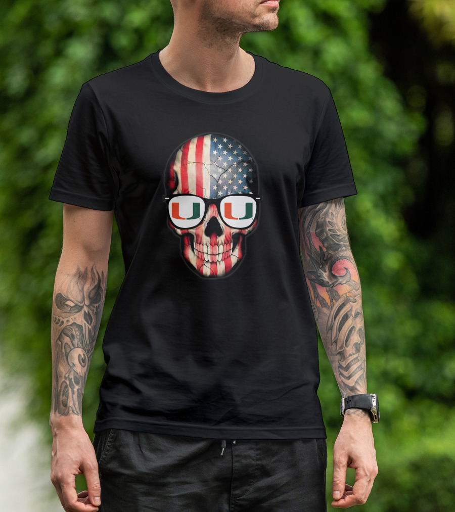 Miami Hurricanes Skull With American Flag And Glasses T-Shirt