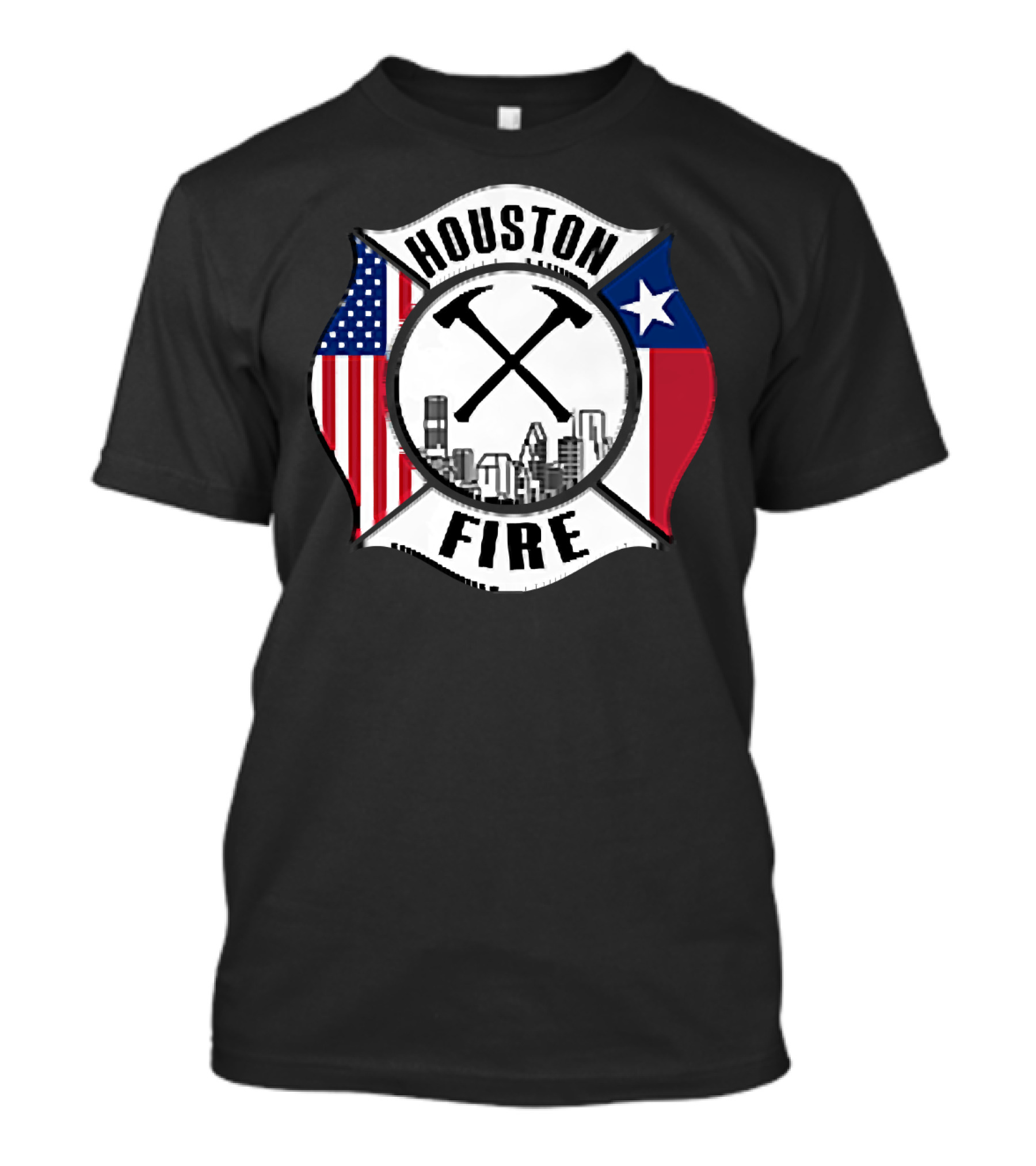 Houston Texas Fire Rescue Department Firef Crossed Axes American Flag Texas Flag Skyline Badge T-Shirt