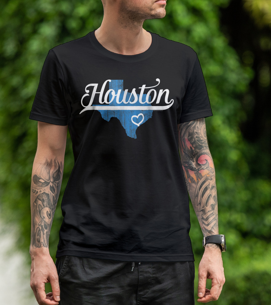 Houston Texas Heart State Pride Souvenir Blue Texas Map With Heart T-Shirt
