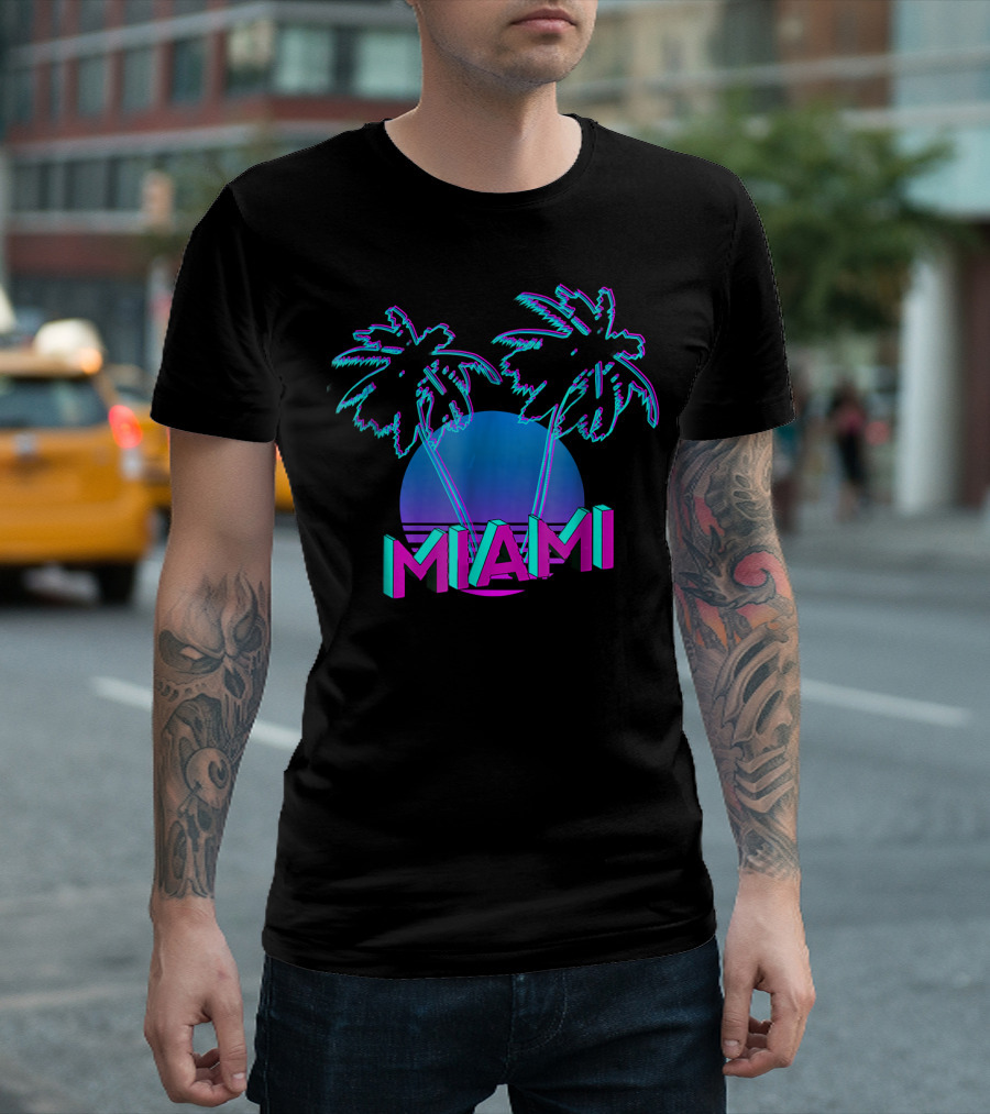 Miami Retro 80s 90s OutRun Vaporware Style with Neon Palm Trees and Sunset T-Shirt