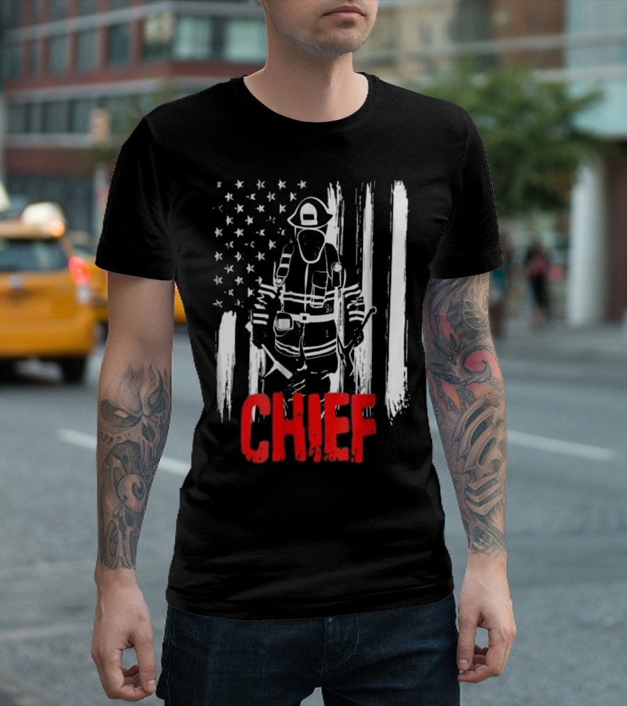 Firefighter Chief American Flag with Fireman in Gear T-Shirt